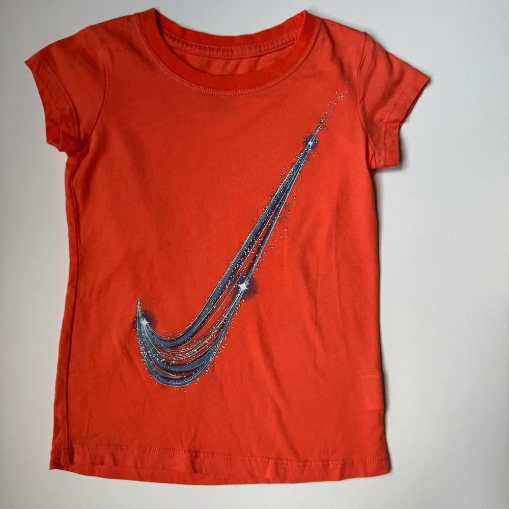 Nike Girls Orange & Silver Short Sleeve Cotton Tee Shirt with Nike Swoosh Size 5